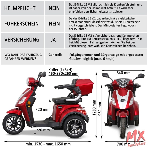 Rolektro E-Trike 15 V.2 Blei-Gel, Rot