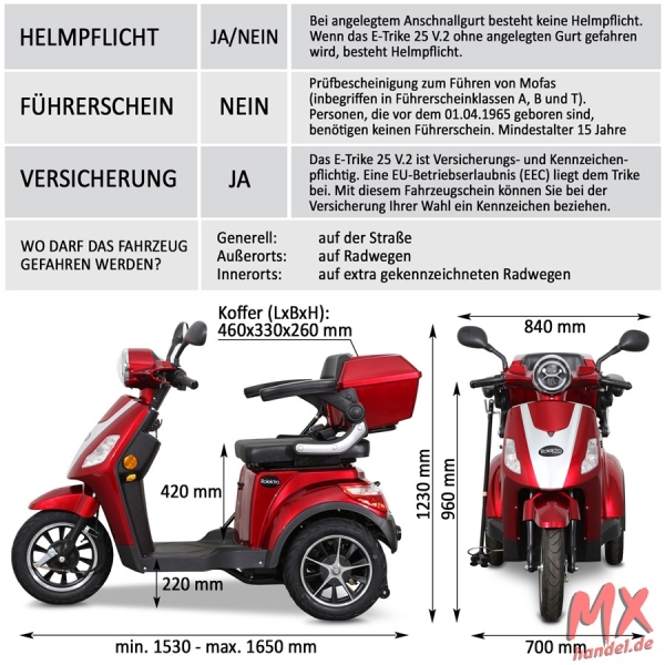 Rolektro E-Trike 25 V.2 Blei-Gel, Rot